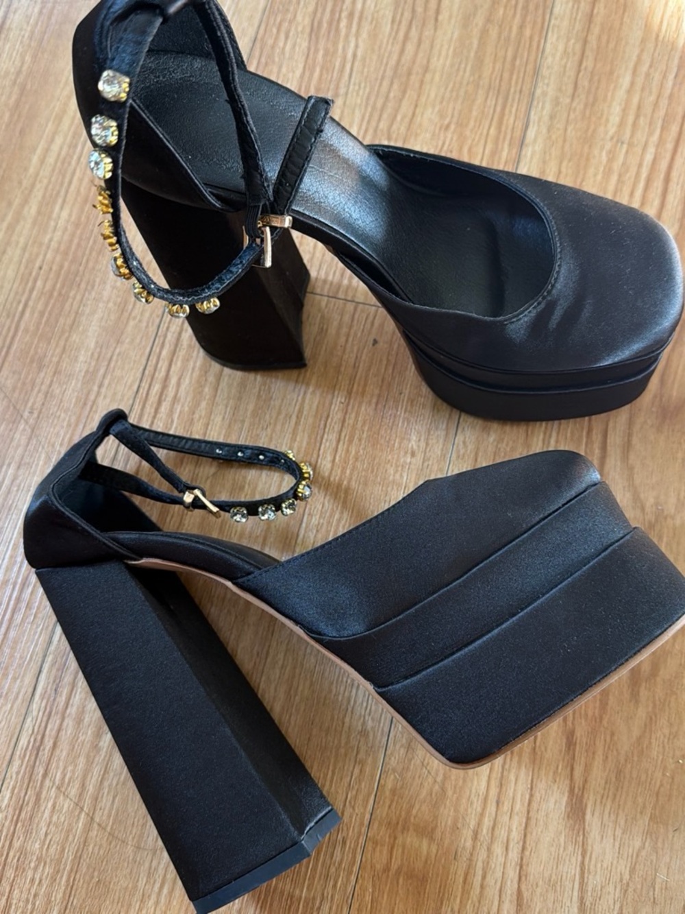 Black Platform Ankle-Strap Satin Heels with Chunky Block Heel